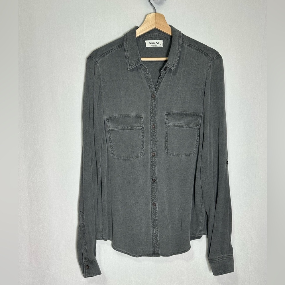 Sam & Lavi Womens XS Charcoal Gray Rayon Button Down Shirt Roll Tab Sleeve